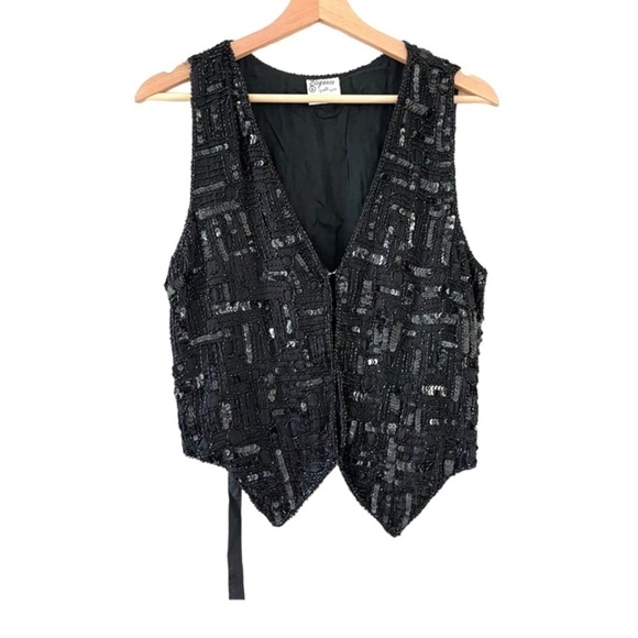 Vintage 100% Silk Sequins Tuxedo Vest - Picture 1 of 6